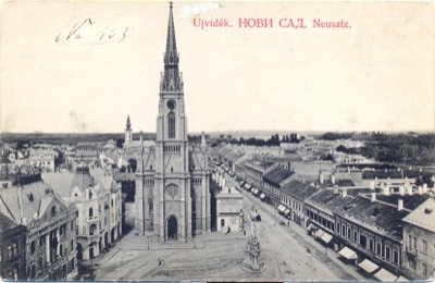 The cathedral spire from above the square, Name of Mary Church, Novi Sad, between 1895 and 1918