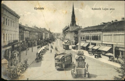 Kossuth Lajos Street, Market Carts and Cafe Tables by the Column, Zmaj Jovina Street, Novi Sad, by September 1915