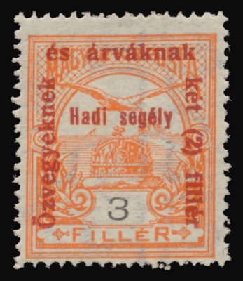 Three-fillér Turul stamp with the War Aid overprint, Novi Sad, 1914–1915