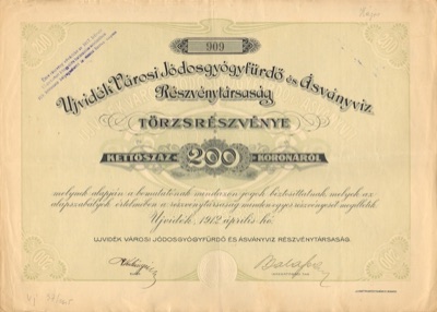 A 1912 Share Certificate, Novi Sad Municipal Spa and Mineral Water Co, Iodine Spa