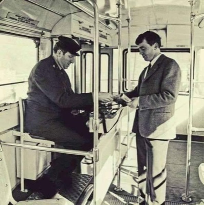 Buying a ticket on the bus, Novi Sad, 1960s