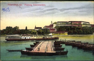A paddle steamer and the pontoon bridge at Petrovaradin, Novi Sad, by April 1918