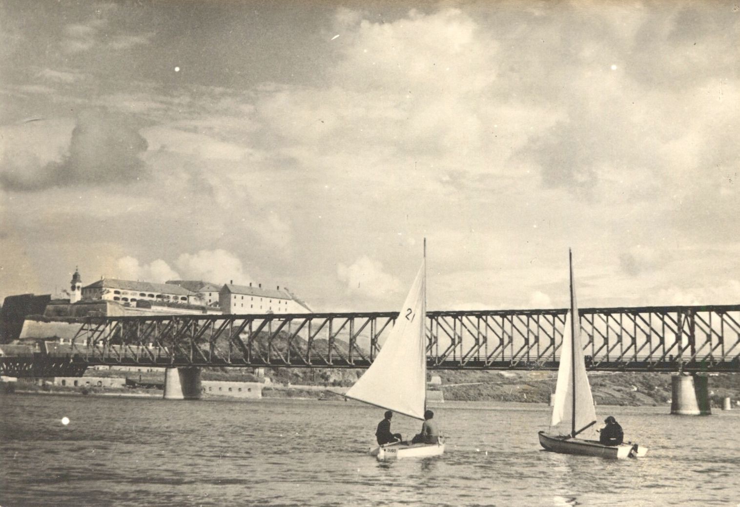 Dinghies sailing below the bridge, Most Maršala Tita, Novi Sad, 1950–1970