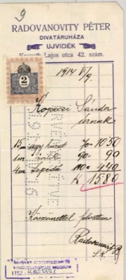 Radovanović Peter Fashion House Invoice, Novi Sad, 9 May 1914, Kossuth Lajos utca 42, Ujvidek