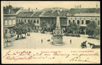 Franz Joseph Square, the Grand Hotel Mayer and the savings bank, Novi Sad, by April 1902