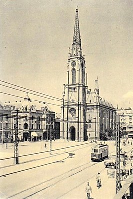 Tram wires across the church front, Liberty Square, Novi Sad, 1950s
