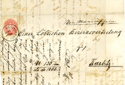 Letter of 1866 franked with a five-kreuzer eagle stamp, Novi Sad