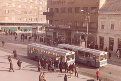 Buses at the stop below the Podravka sign, Liberty Square, Novi Sad, 1970s