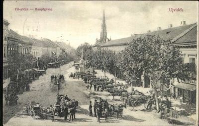 Market day on Main Street toward the Name of Mary church, Novi Sad, 1896–1918
