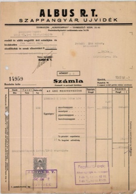 Albus Soap Factory Invoice, Novi Sad, 7 June 1943, Ujvidek (telegraph address Albusszappan, telephone 21-41, P.O. Box 70; no street printed)