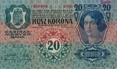 Hungarian side of the twenty-kronen note, 1913, Novi Sad