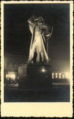 Floodlit Statue of a Striding Figure at Night, 1941, Svetozar Miletić Monument, Novi Sad