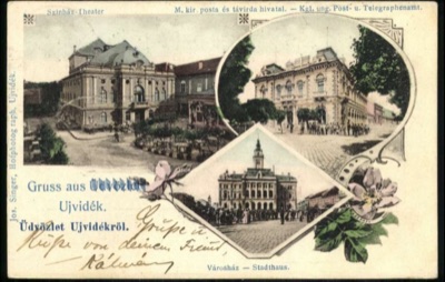 Three views: the Theatre, the post office and the Town Hall, The City Theatre, Novi Sad, by January 1902