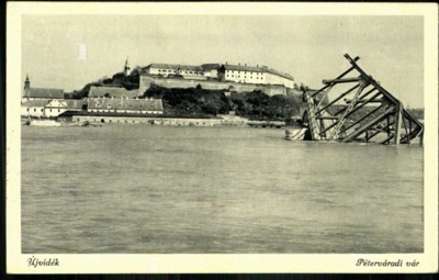 The destroyed bridge below Petrovaradin Fortress, by August 1943