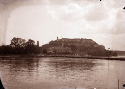 Petrovaradin fortress seen across the Danube, with a pontoon bridge, 1868–1918