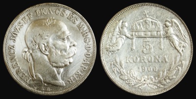 Five-korona silver coin of the Kingdom of Hungary, 1900, Novi Sad