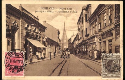 The Jewish Street, Awnings and a Pushcart Toward the Church Spire, Novi Sad, by November 1929