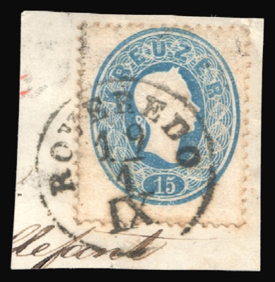 Fifteen-kreuzer stamp of the 1860 Austrian issue, Novi Sad