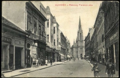 Rákóczi Ferenc Street, toward the Roman Catholic church, Jewish Street, Novi Sad, by May 1914