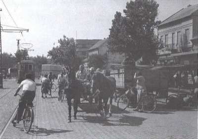 A Tram and Loaded Carts at the Futog Street Market, Futak Street, Novi Sad, 1950s