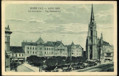 Liberation Square, Cabs Queued Below the Church Spire, 1927, Liberty Square, Novi Sad