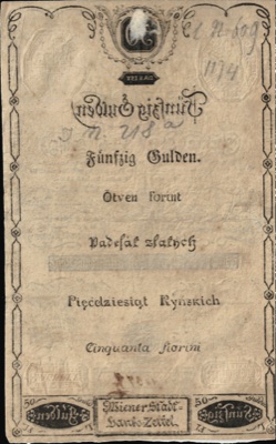 Reverse of the fifty-gulden Banco-Zettel, 1806, Novi Sad