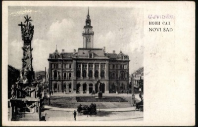 The Town Hall and Holy Trinity column, Novi Sad, on a relabeled postcard, 1896–1918