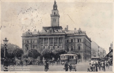 The Town Hall, a tram and horse cabs on the square, Novi Sad, 1929–1939