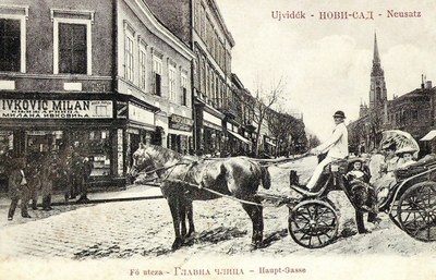 A cab on the Main Street in winter, Zmaj Jovina Street, Novi Sad, 1900s
