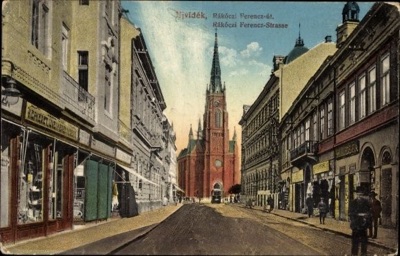 Shop windows down a coloured street, Rákóczi Ferenc Street, Novi Sad, 1916