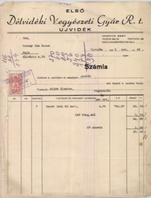 First Southland Chemical Factory invoice, Novi Sad, 26 November 1943, Ujvidek (telegraph address DEDY, telephone 23-10, P.O. Box 46; no street printed)