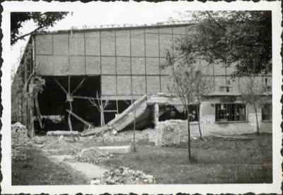 Ruined hangar with a collapsed canopy at the bombed Novi Sad airfield, 1941